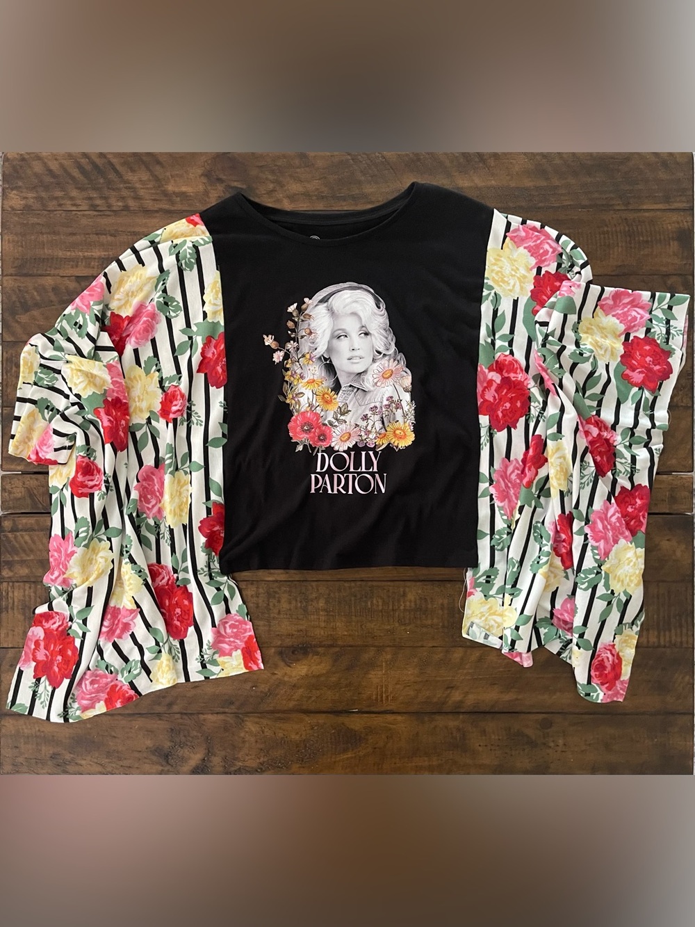 NWOT Upcycled Kantha Dolly Parton Graphic Tee Floral Sleeve Top One Size